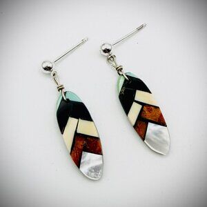 Vintage Inlay Feather Earrings – Shell, Onyx, Coral & Turquoise – 1.5" (4g)